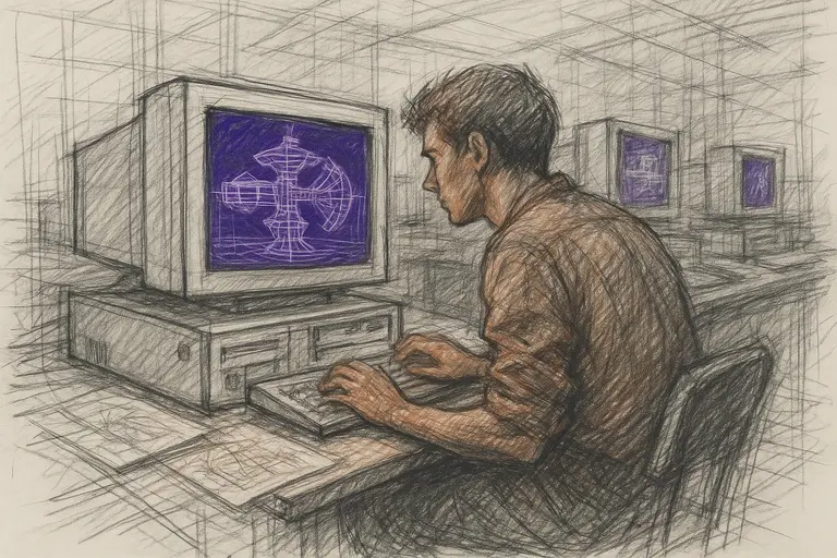Charcoal sketch of a young man at a 1990s desktop computer with 3D wireframe graphics on the CRT monitor, borrowed computers rendering in the background