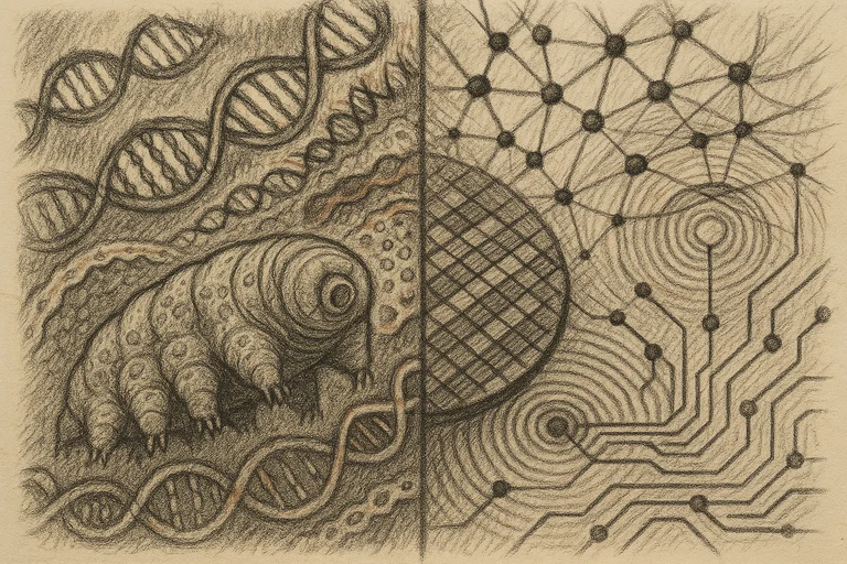 Charcoal drawing split down the middle — a tardigrade surrounded by DNA and cellular structures on the left, mirrored by neural network nodes and circuit pathways on the right