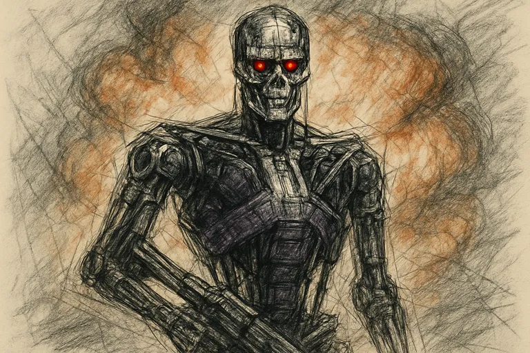 Charcoal sketch of a robot endoskeleton with glowing red eyes standing before an explosion