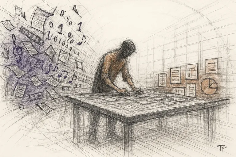 Charcoal sketch of a craftsman organizing scattered digital media fragments into structured, identified content