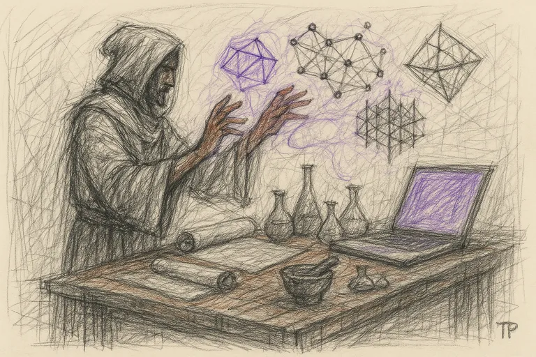 Charcoal sketch of a hooded spellcaster conjuring geometric structures from a laptop at an alchemist's workbench