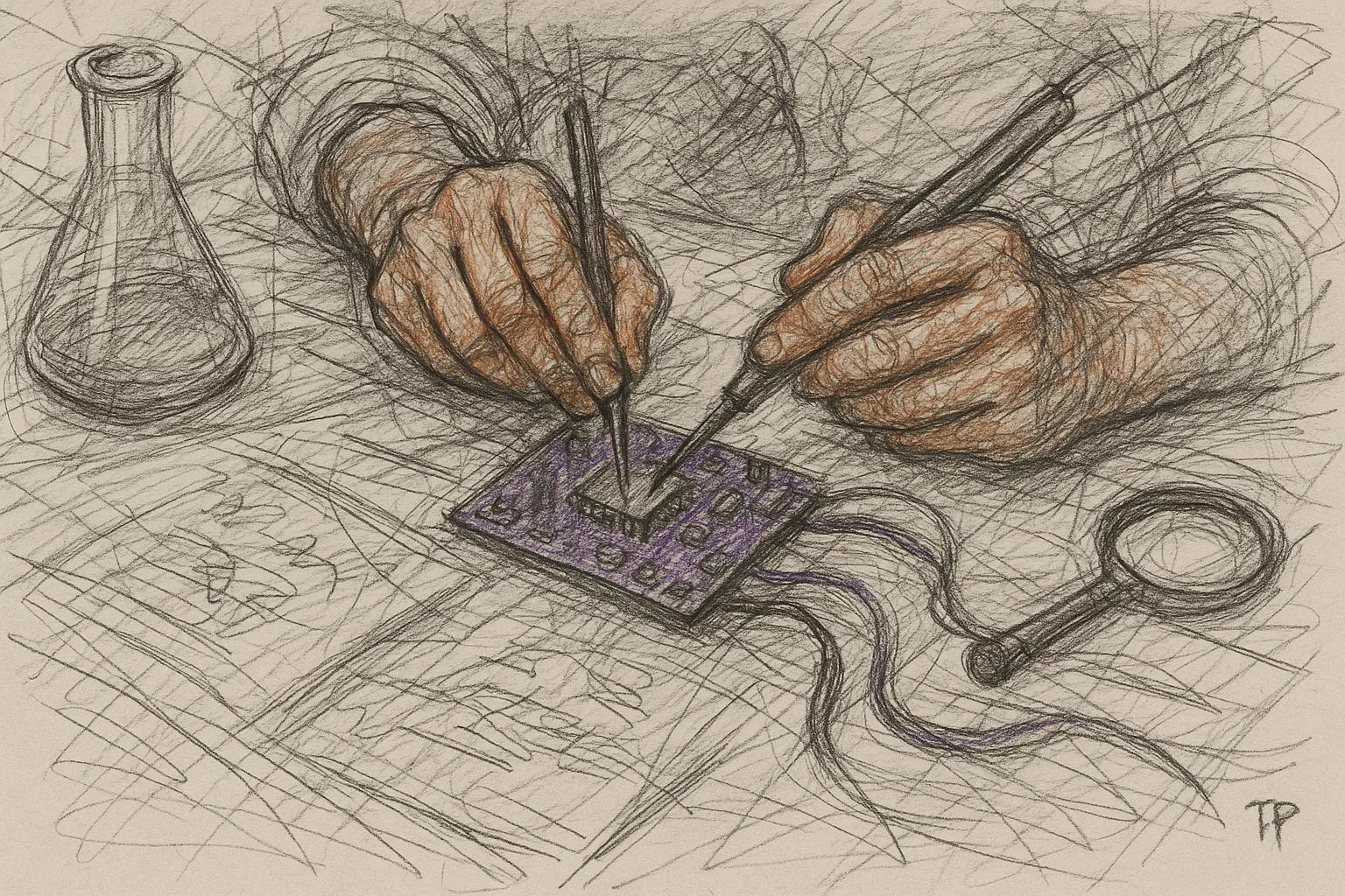 Charcoal sketch of hands tinkering at a laboratory workbench