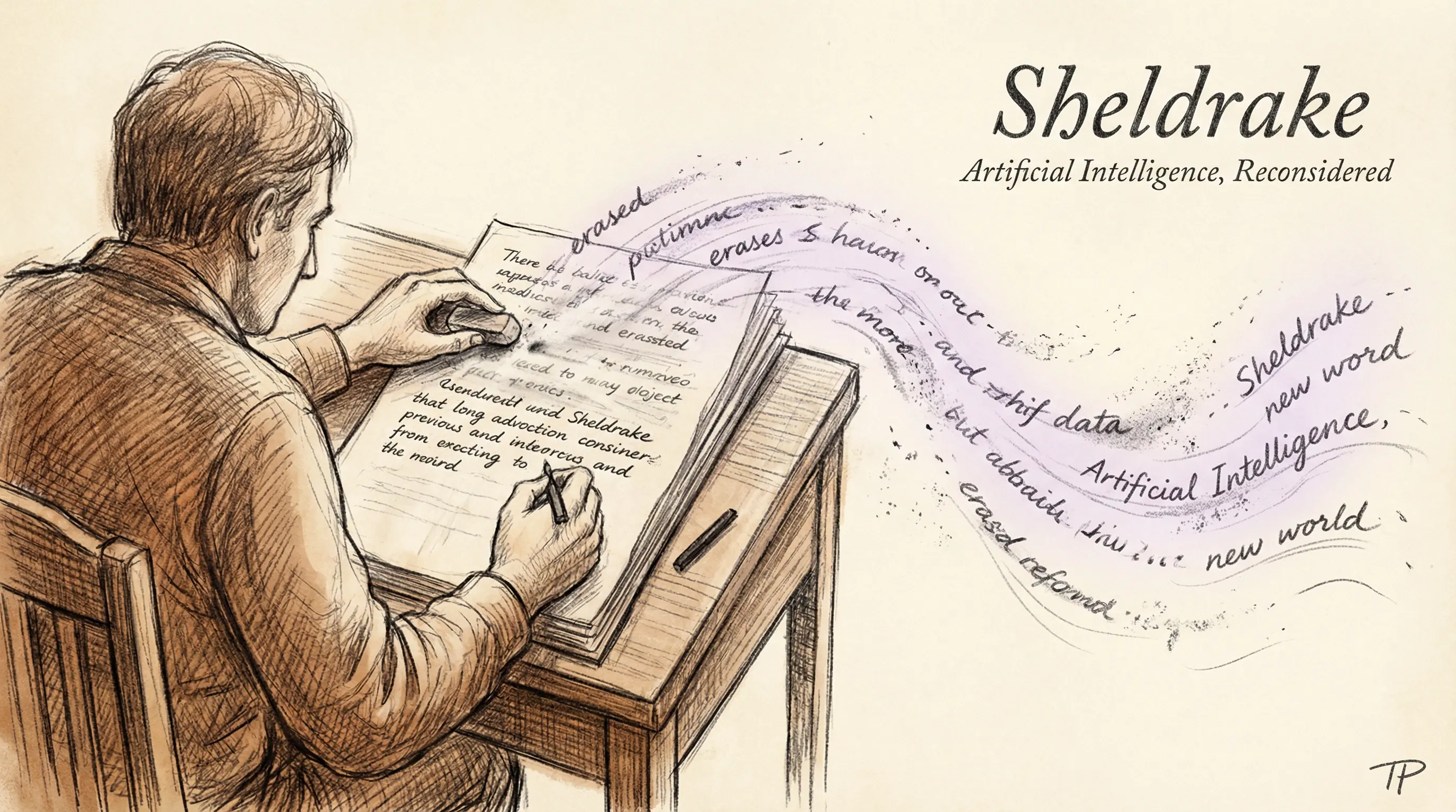 Charcoal sketch of a figure writing at a desk, text fragments lifting off the manuscript and dissolving into the air — some reforming into new words